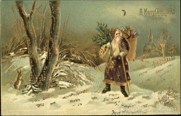 Santa in purple starred robe with presents outdoors