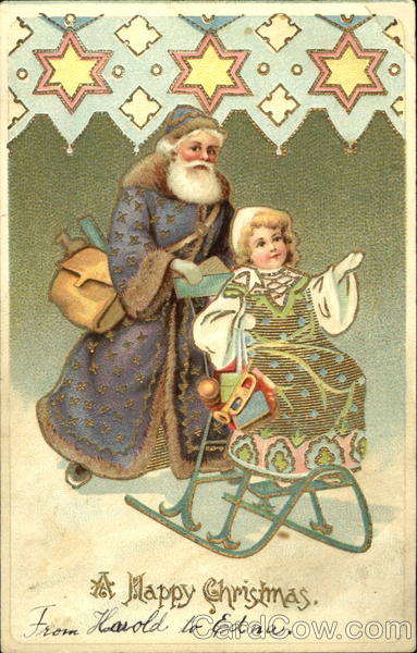 Santa in Blue Robe with Child on Sleigh Santa Claus