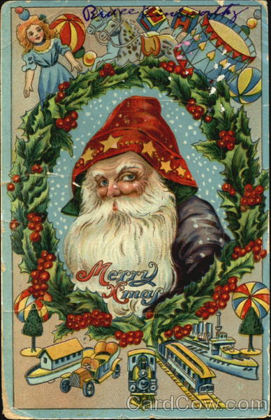 Santa surrounded by ivy wreath and toys Santa Claus