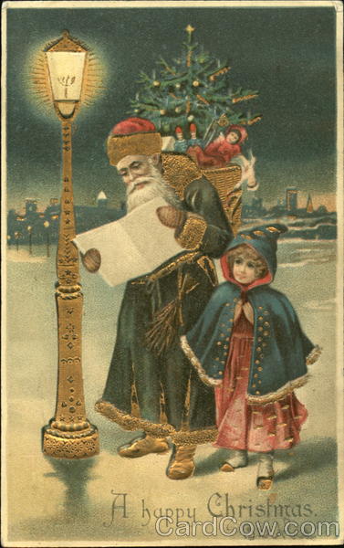 Santa with bag of toys on his back, accompanied by little girl