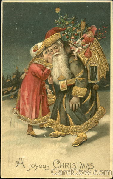 Girl wispers to Santa in Green Robe Santa Claus