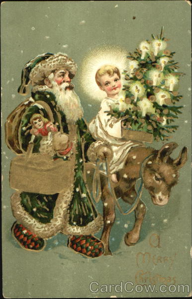 Santa in Green Robe with Child on Donkey Santa Claus