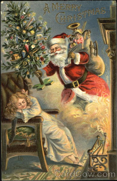 Santa with Chistmas tree and girl sleeping in chair