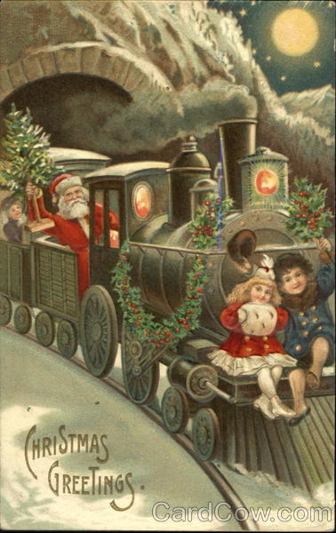 Santa and boy and girl on train Santa Claus