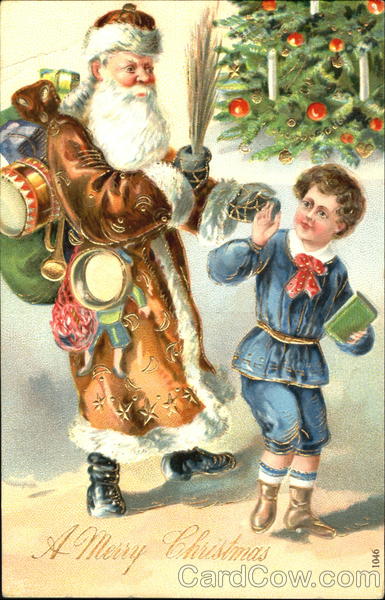 Santa in brown robe, bag on his back, little boy blue holding a book
