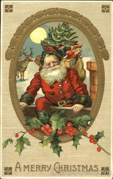 Santa climbing the chimney with toys Santa Claus