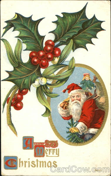 Santa with Sack of Toys Surrounded by Holly Santa Claus