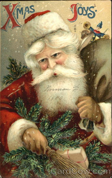 Santa Carrying Sack of Toys and Wooden Broom Santa Claus