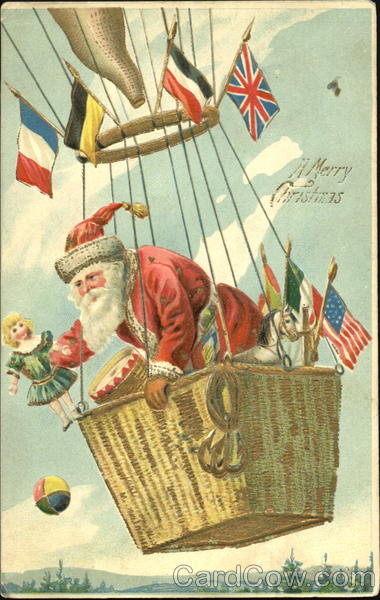 Santa dropping presents from hot air balloon Santa Claus