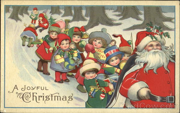 Santa in snowy forest followed by children with toys