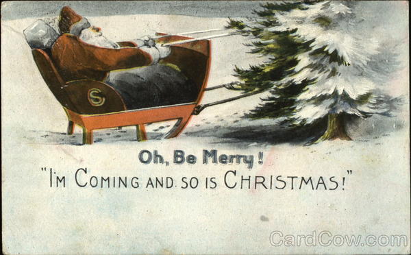 Santa sitting in a sleigh; reindeer are out of scene