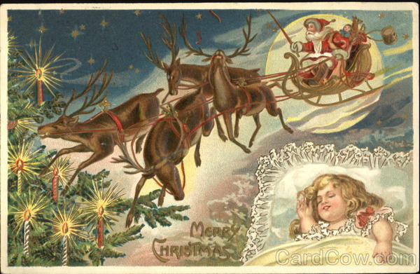 Santa and Reindeer Fly Over a Sleeping Girl Santa Claus