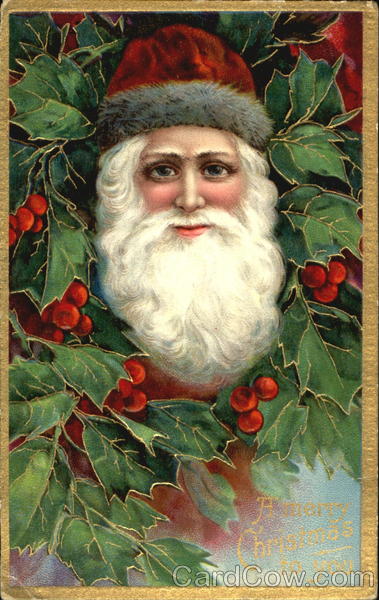 Santa in a red hat with grey trim is framed in holly