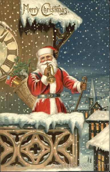 Santa on Balcony in the Snow Blowing a Horn Santa Claus