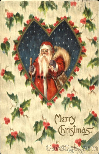 Santa with sack on background of holly and berries