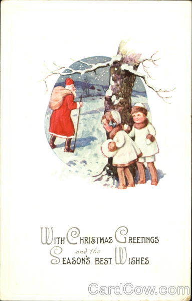 Two children peeking at Santa from behind tree Santa Claus