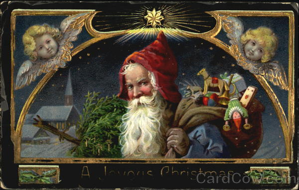 Two angels, santa red hat, tree & toys Santa Claus