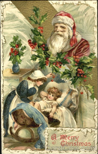 Mother putting child to bed with Santa above Santa Claus