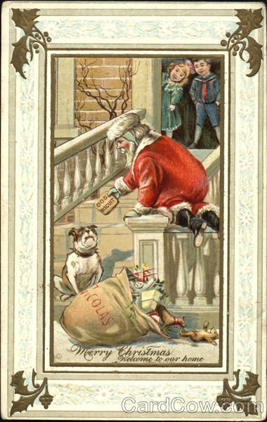 Santa Giving Dog Biscuit to Dog Santa Claus