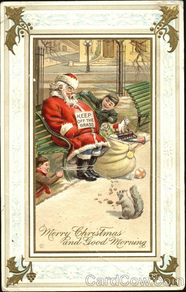 Santa On Park Bench With Smiling Boys and Squirrel