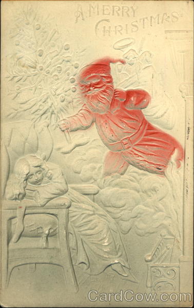 Santa lifting Christmas tree with sleeping child Santa Claus