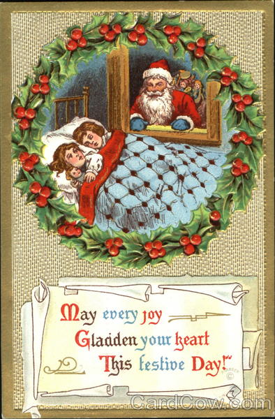 Santa Peeks Through Window At Sleeping Children Inside Holly Wreath