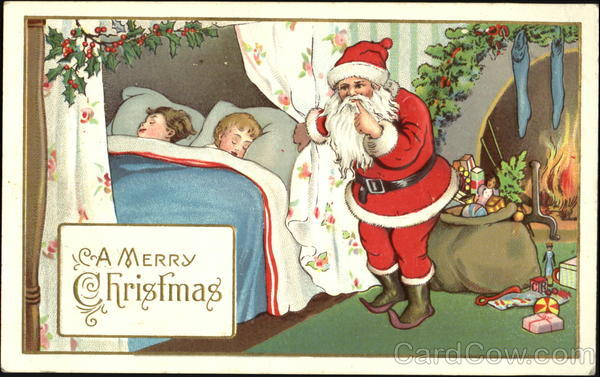Santa delivering presents and two sleeping children