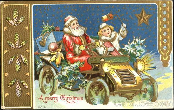 Santa driving an antique roadster Santa Claus