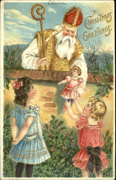 Santa in white and gold handing a child a gift Santa Claus
