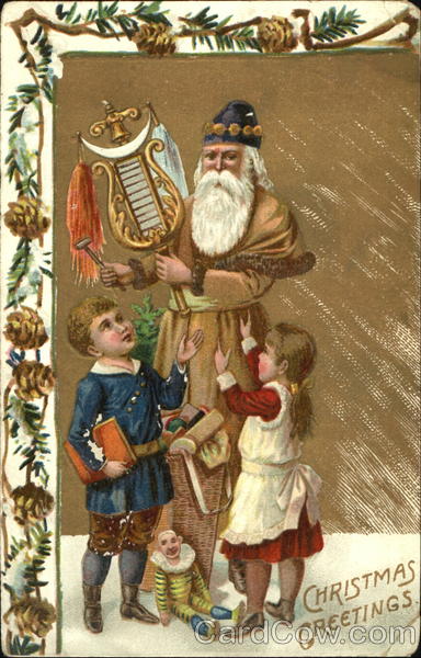 Santa in brown robe, instrument , bag of toys, two children