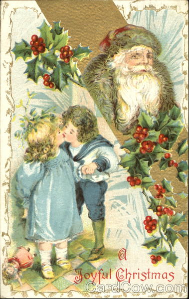 Santa with two children kissing Santa Claus