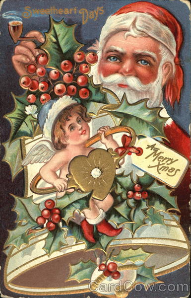 Santa holding pipe with an angel on a bell Santa Claus