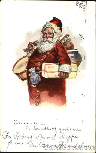 Santa in red suit with many buttons down the front,holding gifts and bag of toys