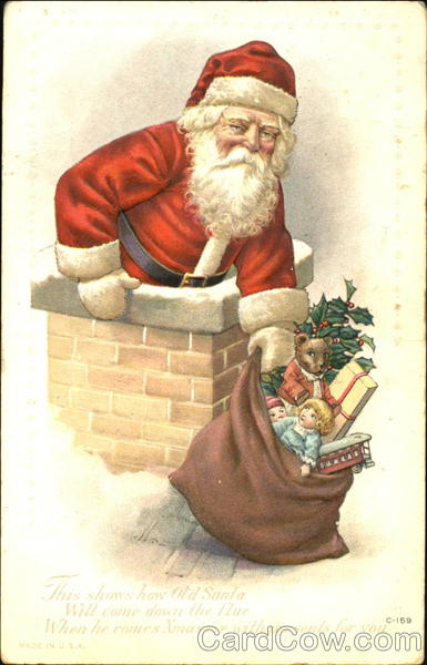 Santa Taking Bag of Toys Down Chimney Santa Claus