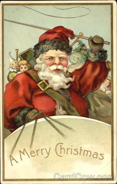 Santa riding in sleigh with a bag of toys Santa Claus