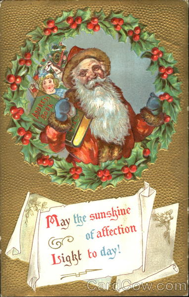 Santa with toys, framed by a wreath Santa Claus