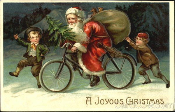 Santa on Bicycle with Two Boys Running Santa Claus