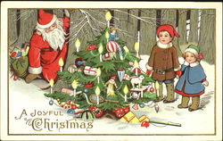 Santa and Children in the Snow with a Tree Santa Claus Postcard Postcard