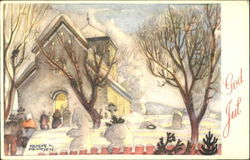 Villagers entering rustic church Christmas Postcard Postcard