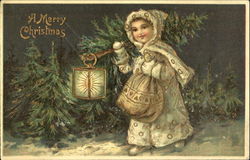 Pretty girl neatly dressed with lamp & gifts Postcard