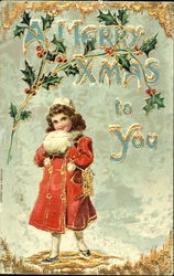 A child in a red coat with hands in muff Postcard
