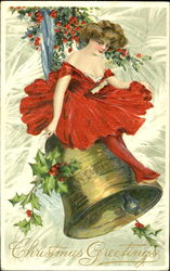 Woman in red dress sitting on a bell Postcard