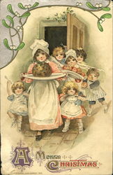 Vintage Mother carrying food on a tray with 6 children Postcard Postcard