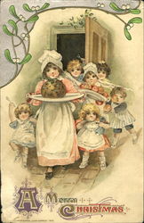 Vintage Mother carrying food on a tray with 6 children Postcard