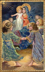 Beautifully dressed children dance around mother and child Postcard