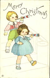 Two Children Blowing Horns Postcard
