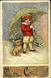 Girl and dog under an umbrella in the snow Postcard