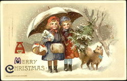 Old-time children and dog with Christmas tree Postcard