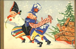 Snow Scene with Happy Kids Pulling Sled Filled with Packages Postcard