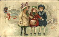 Children in hats walking in winter scenery Postcard